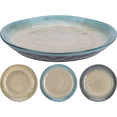 Piatto piano in ceramica beige con bordo colorato